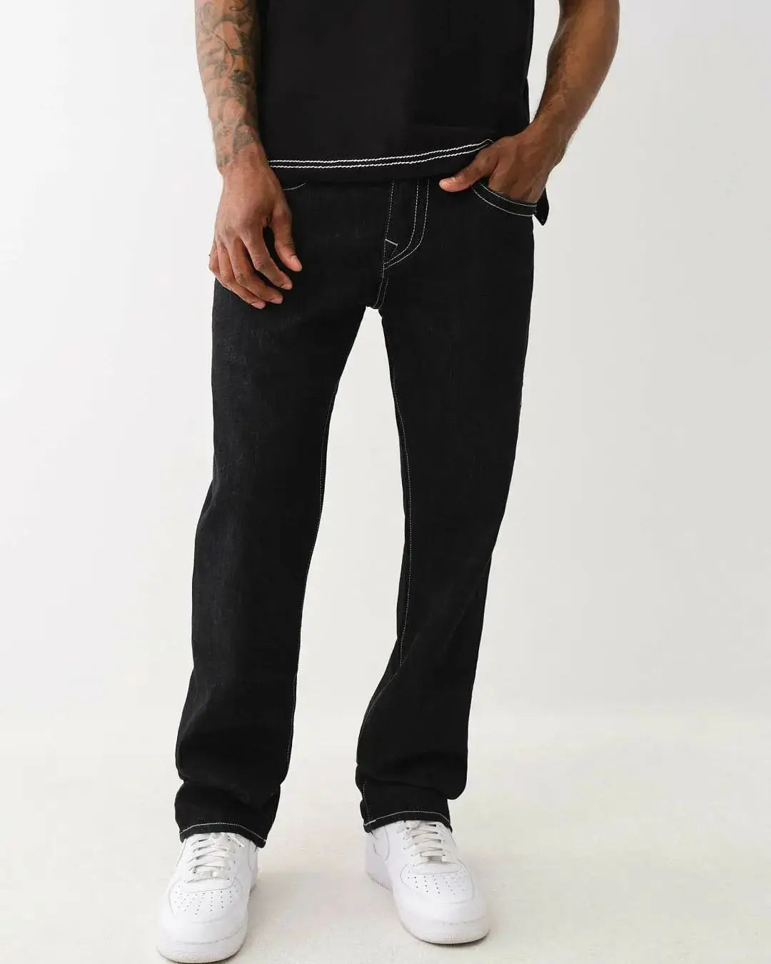 Black Y2K Jeans with White Stitching, Comfortable Fit, Regular Length, Versatile Style, 100% Cotton-5