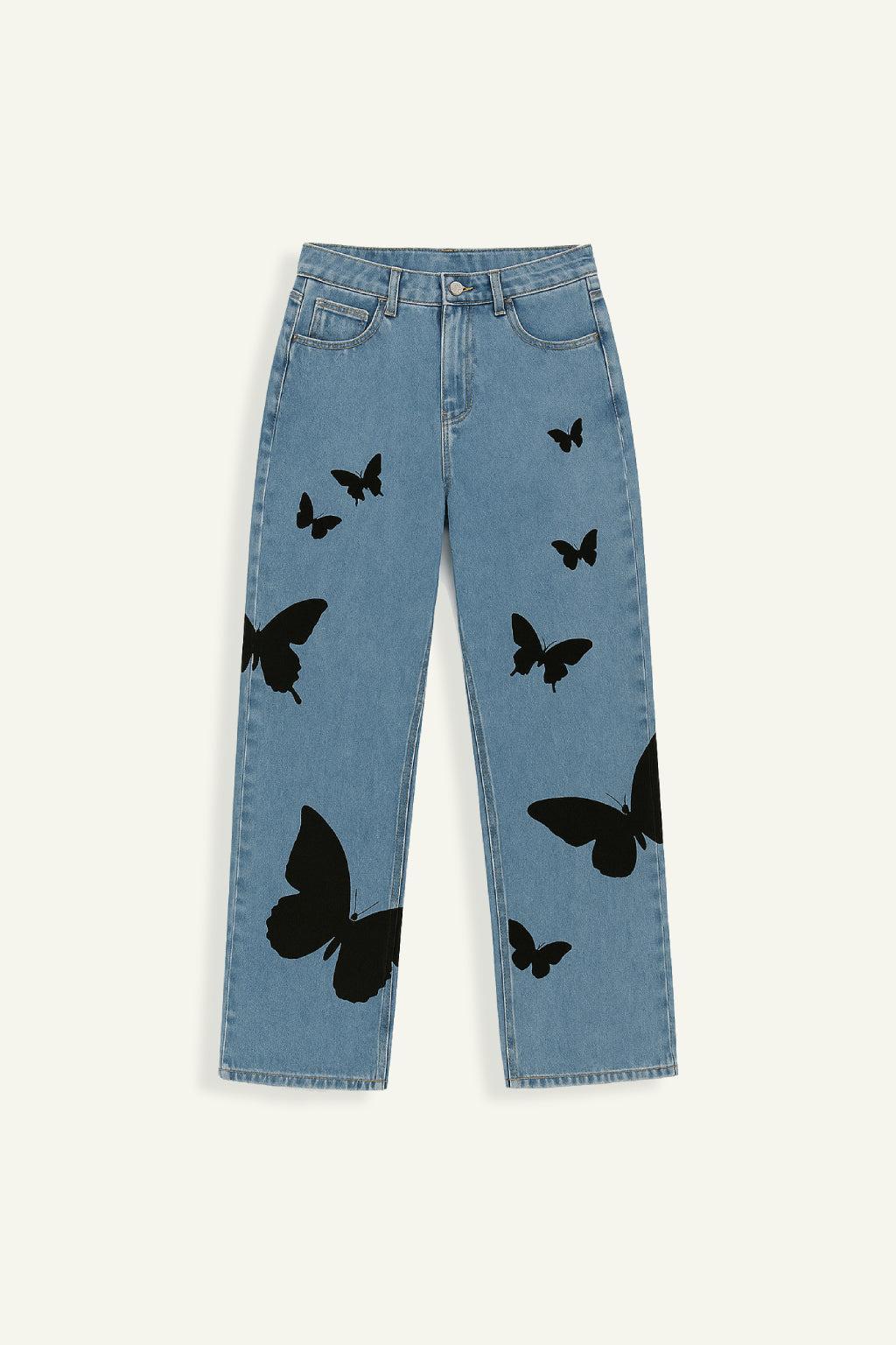 Variant image for Butterfly Embroidered Wide Leg Jeans, Mid-Rise Stretch Denim, Comfortable Casual Fit with Eye-Catching Designs-1