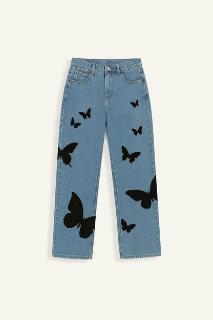 Variant image for Butterfly Embroidered Wide Leg Jeans, Mid-Rise Stretch Denim, Comfortable Casual Fit with Eye-Catching Designs-1