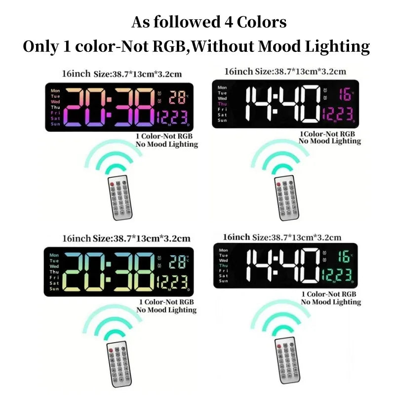 Large Digital Wall Clock with Remote Control, RGB Mood Lighting, Dual Alarm and Countdown Timer for Home or Office 4