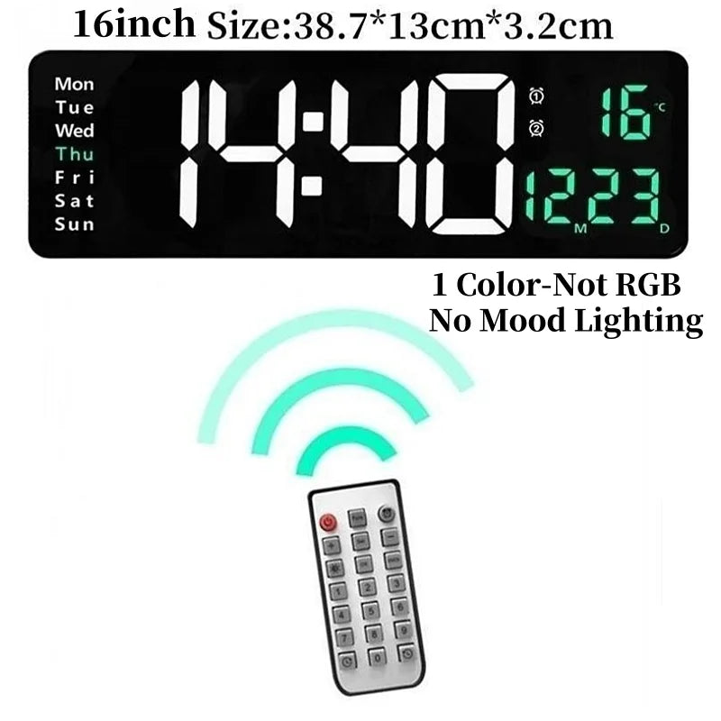 Large Digital Wall Clock with Remote Control, RGB Mood Lighting, Dual Alarm and Countdown Timer for Home or Office 7