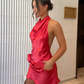 Hot Pink Women's Cocktail Dress with Deep Cowl Neckline and Low Back, Fitted Mini Dress with Silk Rose Embellishment-3