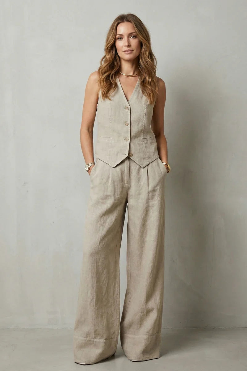 v-neck sleeveless top with button vest and loose straight trousers, linen, casual wear – Light women's vest suit