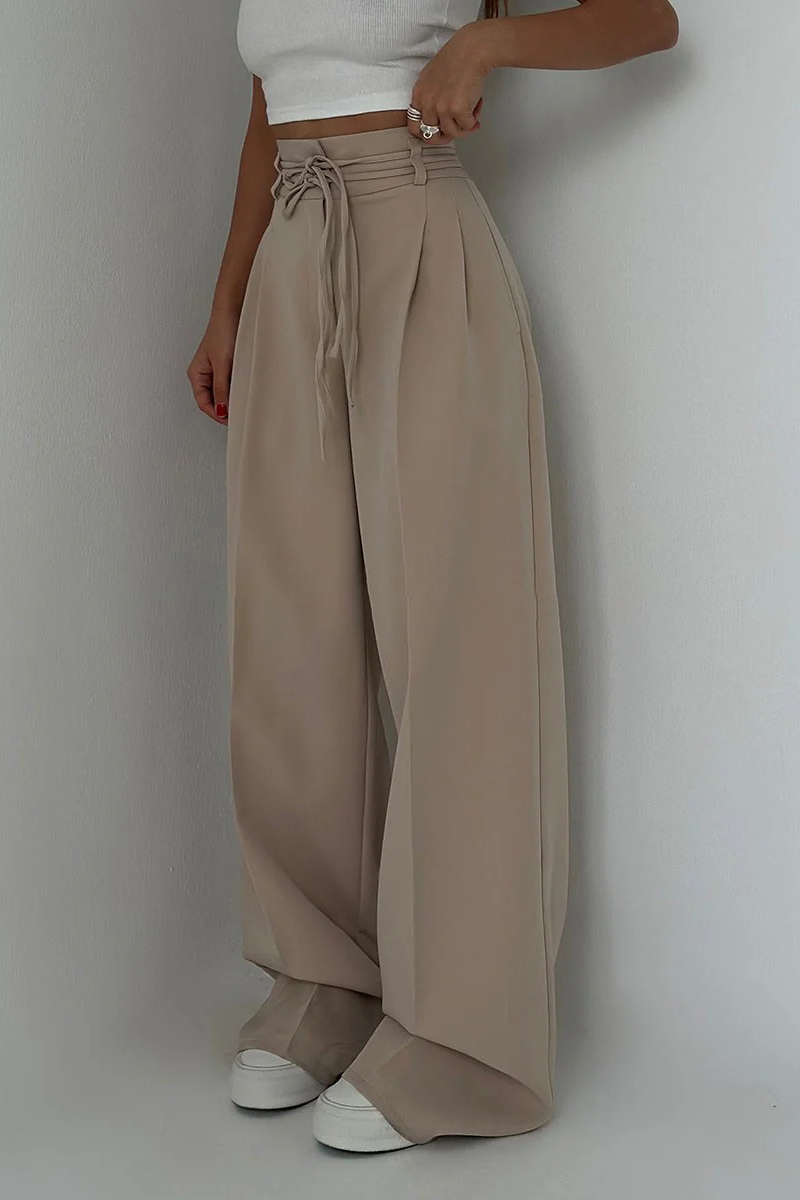 High-Waisted Wide Leg Trousers with Adjustable Belt in Beige, Soft Flowy Fabric, Loose Fit Palazzo Pants-3