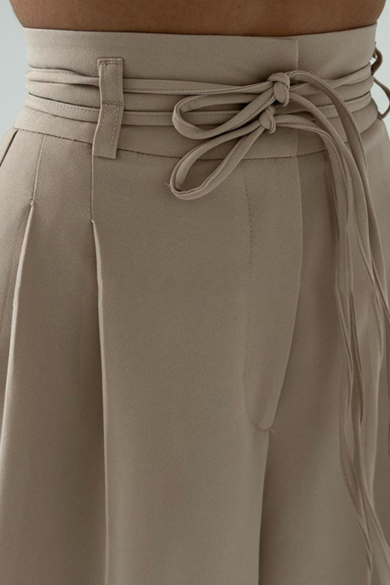 High-Waisted Wide Leg Trousers with Adjustable Belt in Beige, Soft Flowy Fabric, Loose Fit Palazzo Pants-4