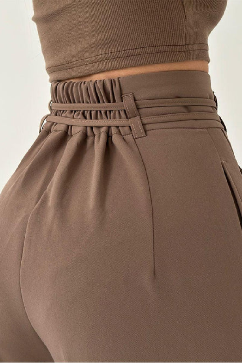 High-Waisted Wide Leg Trousers with Adjustable Belt in Beige, Soft Flowy Fabric, Loose Fit Palazzo Pants-2