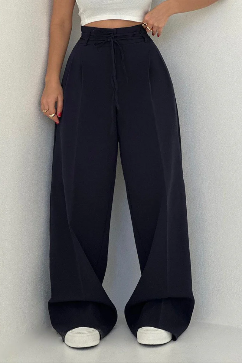 High-Waisted Wide Leg Trousers with Adjustable Belt in Beige, Soft Flowy Fabric, Loose Fit Palazzo Pants-5