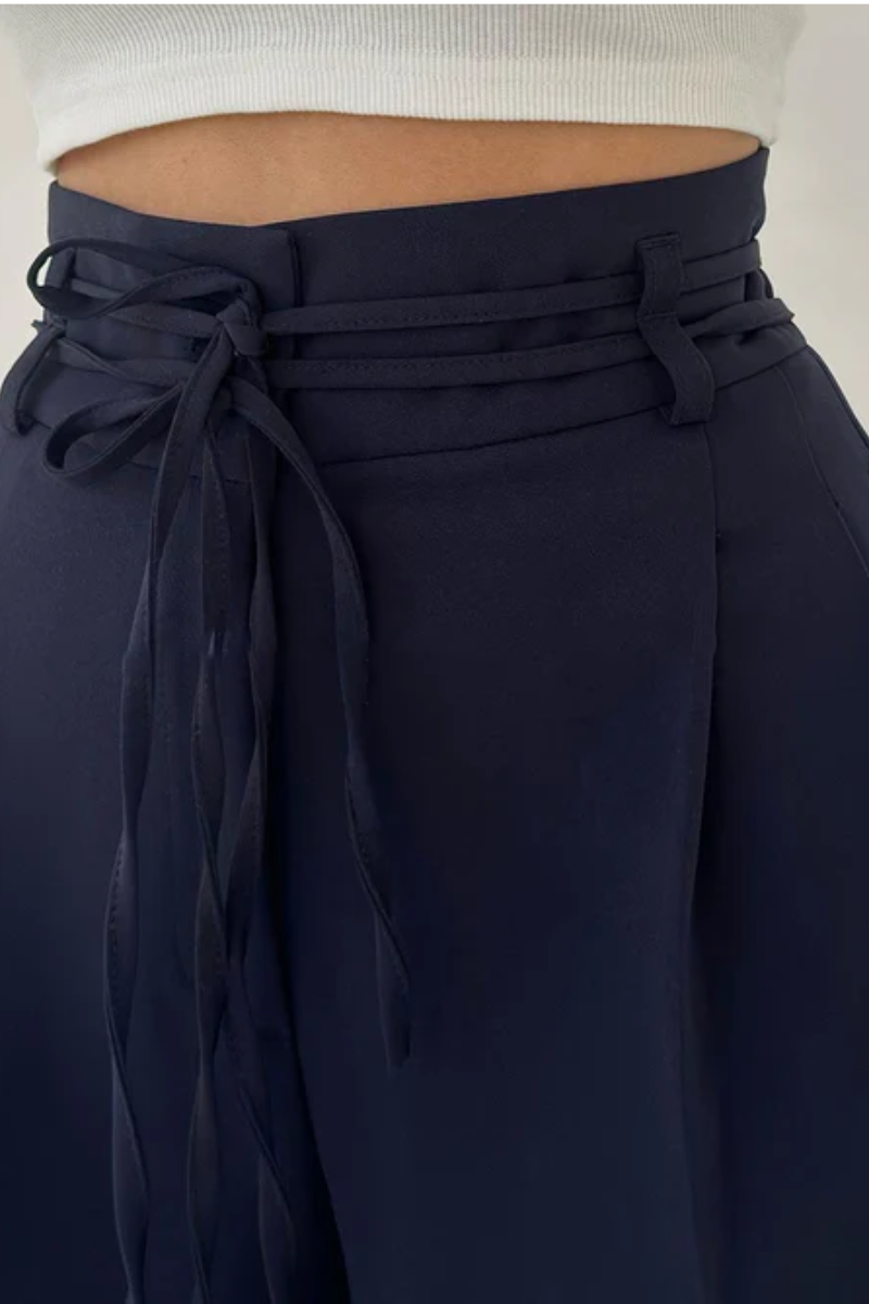 High-Waisted Wide Leg Trousers with Adjustable Belt in Beige, Soft Flowy Fabric, Loose Fit Palazzo Pants-6