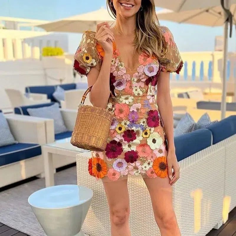 Floral Mini Dress for Women with Deep V-Neckline and Puff Sleeves, Perfect Summer Wedding Guest Dress in Multi-Color-3