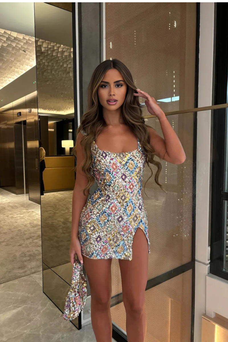 Variant image for Multicolor Sequin Mini Dress with Bodycon Fit, Thigh-High Slit, Square Neckline, Sleeveless Design-6