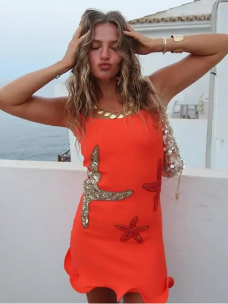 Women's Summer Mini Dress with Ruffled Hem and Beaded Starfish Embellishments in Sky Blue, Orange, and White-3