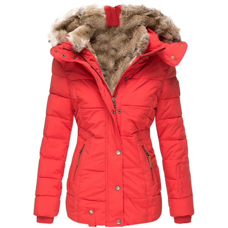 Women’s Warm Winter Coat - Quilted Midlength, Faux Fur Hood