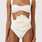 White Bikini Set with Floral Embellishment, High Waisted Swimsuit, Ruched High Waist Bikini Bottom for Women-2