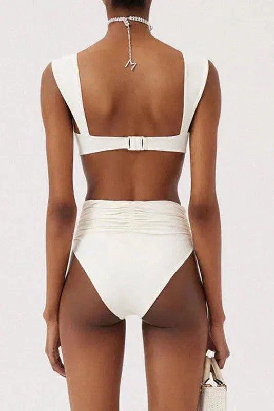 White Bikini Set with Floral Embellishment, High Waisted Swimsuit, Ruched High Waist Bikini Bottom for Women-3
