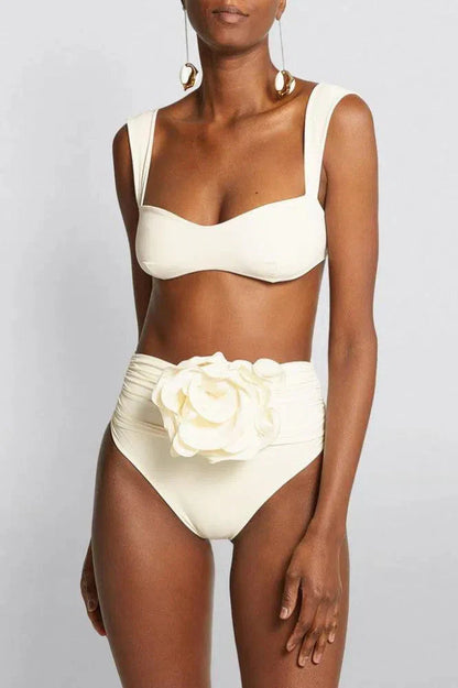 White Bikini Set with Floral Embellishment, High Waisted Swimsuit, Ruched High Waist Bikini Bottom for Women-4