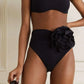 White Bikini Set with Floral Embellishment, High Waisted Swimsuit, Ruched High Waist Bikini Bottom for Women-6