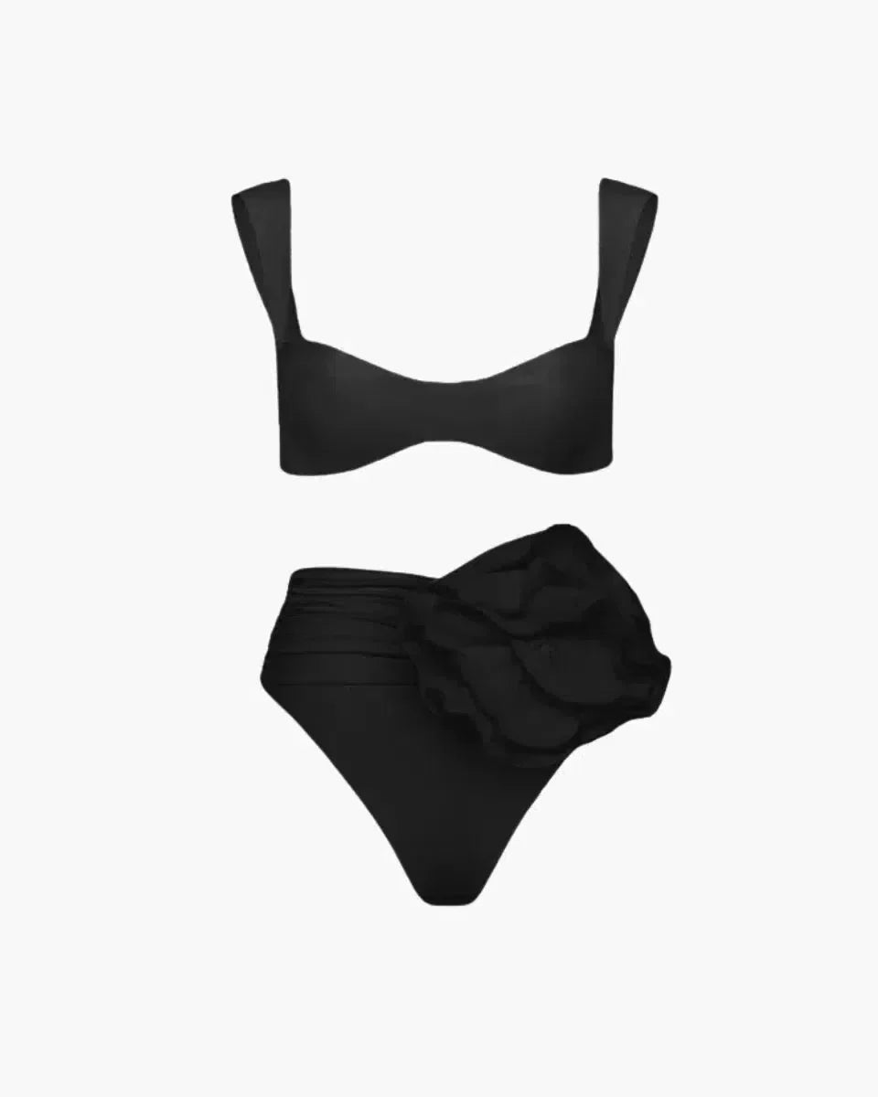 Variant image for White Bikini Set with Floral Embellishment, High Waisted Swimsuit, Ruched High Waist Bikini Bottom for Women-5