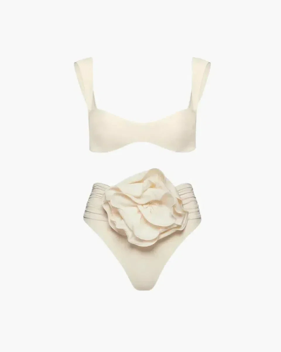 White Bikini Set with Floral Embellishment, High Waisted Swimsuit, Ruched High Waist Bikini Bottom for Women-1