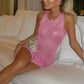 Shimmering Knit Mini Dress for Women, Sleeveless Fitted Party Dress with Fringe Hem, Available in Pink, Blue, Yellow-2