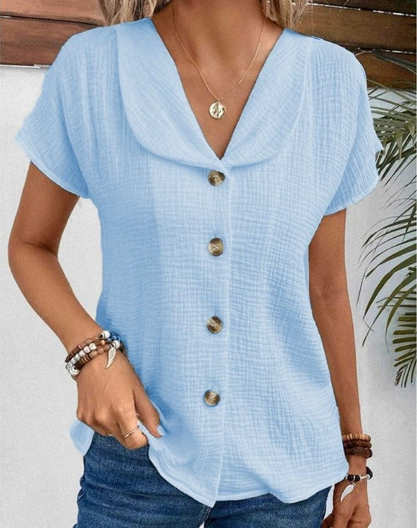 Variant image for Chic Women's Blouse, Relaxed Fit Summer Top with Button-Down Design and Short Sleeves, Breathable Fabric-6