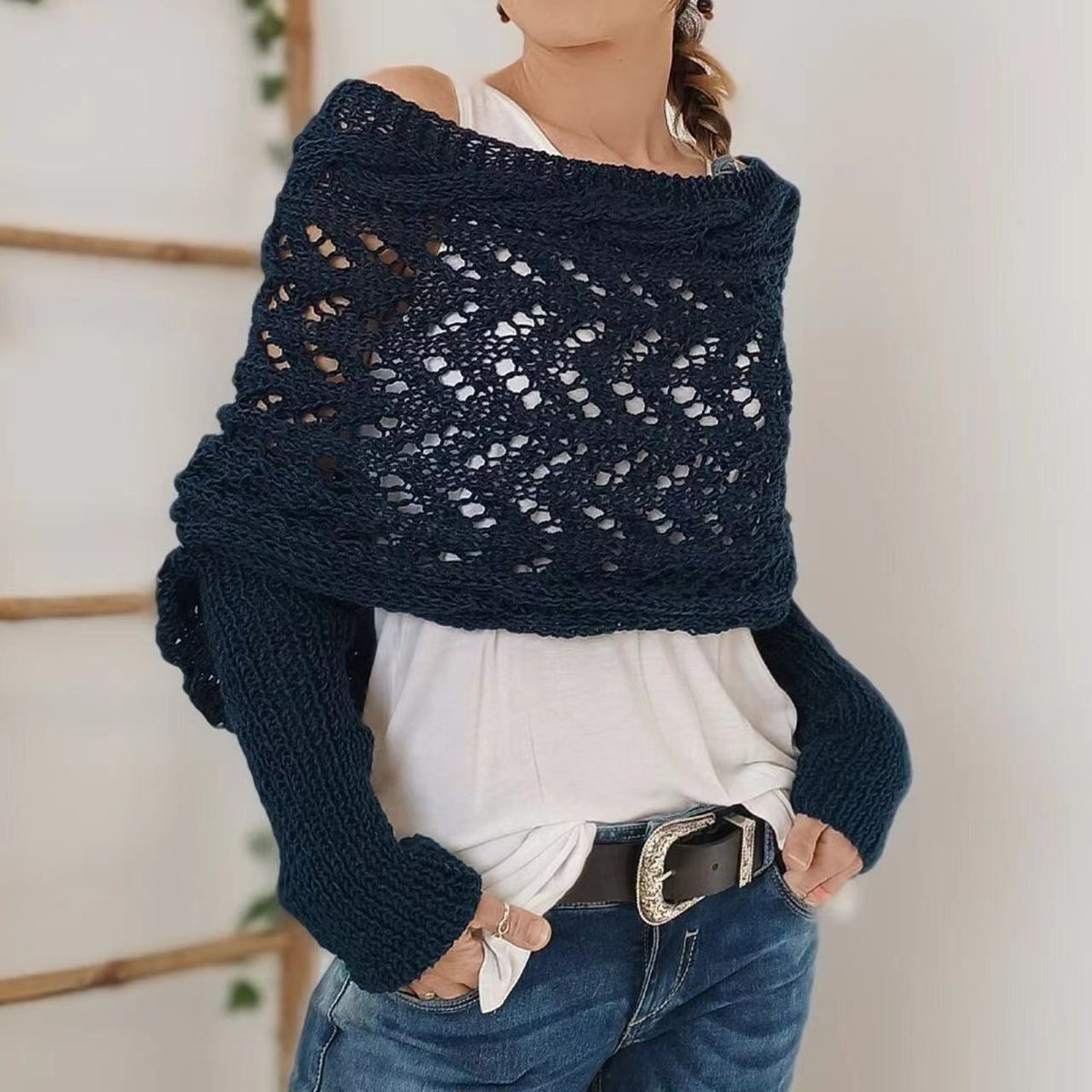 Plush Women’s Scarf - Openwork Rectangular, Knit, For Winter
