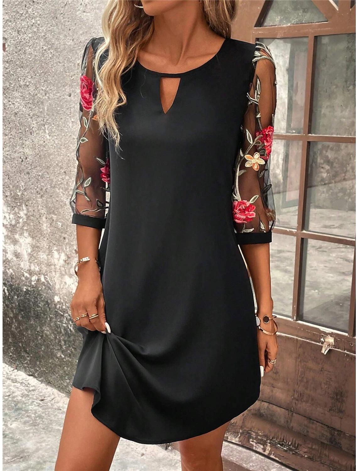 A-Line Midi Dress for Women with Splicing Details, Elegant Black Dress for Everyday and Special Occasions-4