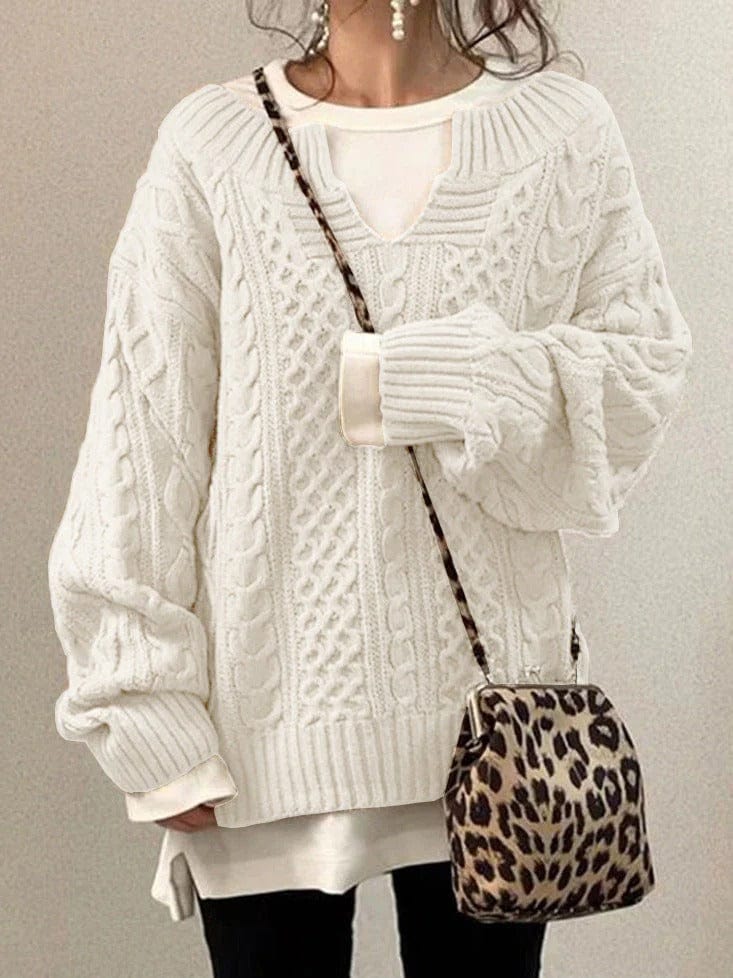 Women’s Oversized Cable Knit Sweater - V Neck, Knit Winter