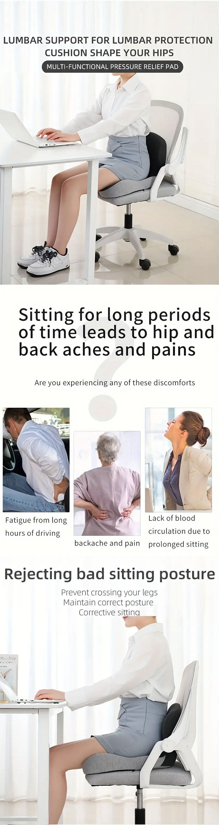Comfort-Grip Lumbar Support for Office Chair and Car, Stress Relief – Memory Foam Seat Cushion