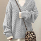 Women’s Oversized Cable Knit Sweater - V Neck, Knit Winter