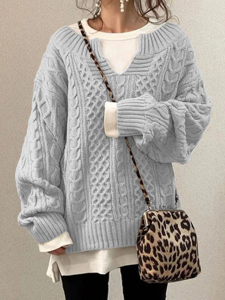 Women’s Oversized Cable Knit Sweater - V Neck, Knit Winter