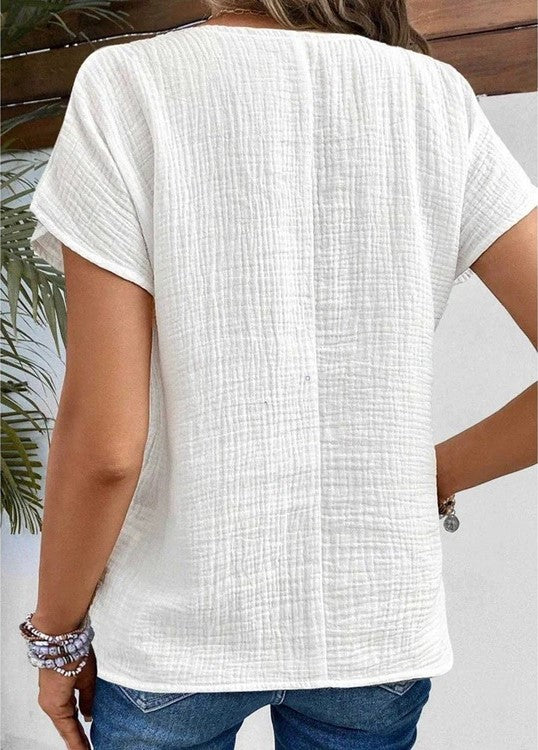 Chic Women's Blouse, Relaxed Fit Summer Top with Button-Down Design and Short Sleeves, Breathable Fabric-3