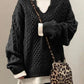 Women’s Oversized Cable Knit Sweater - V Neck, Knit Winter