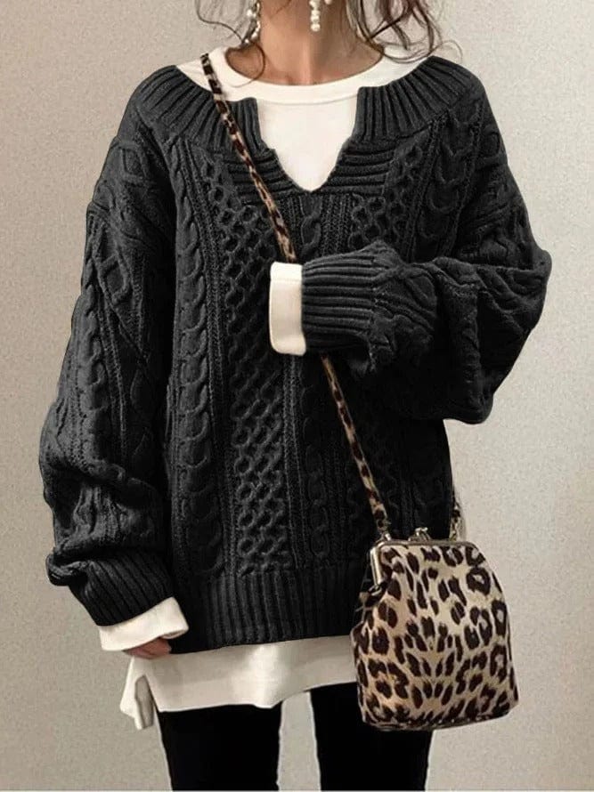 Women’s Oversized Cable Knit Sweater - V Neck, Knit Winter