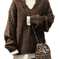 Women’s Oversized Cable Knit Sweater - V Neck, Knit Winter