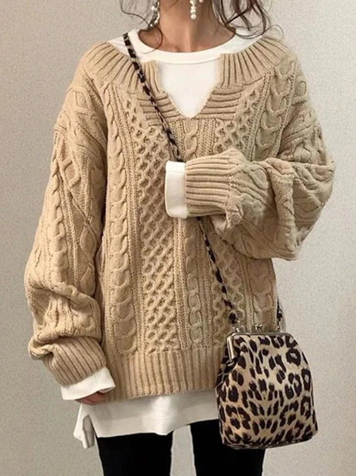 Women’s Oversized Cable Knit Sweater - V Neck, Knit Winter
