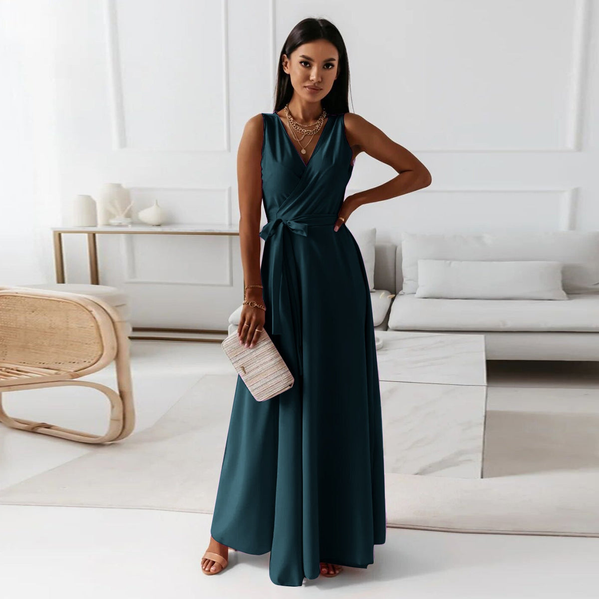 Elegant Women's Maxi Dress with V Neckline - Versatile Long Formal Dress for All Occasions-2
