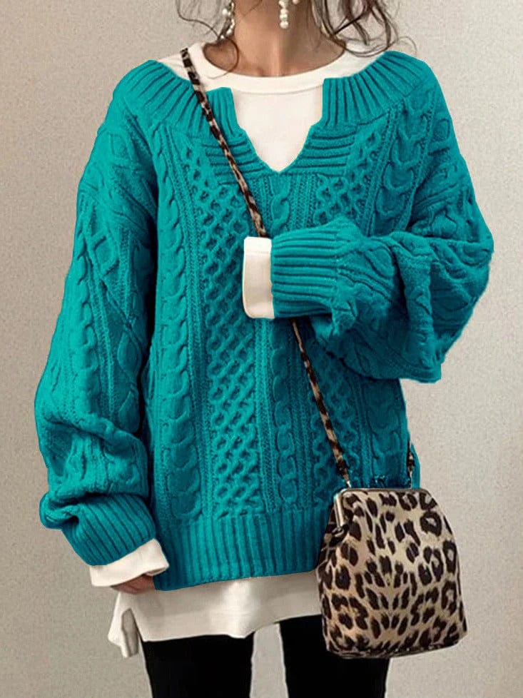 Women’s Oversized Cable Knit Sweater - V Neck, Knit Winter