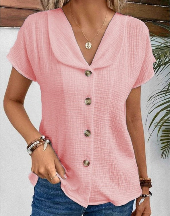 Chic Women's Blouse, Relaxed Fit Summer Top with Button-Down Design and Short Sleeves, Breathable Fabric-5