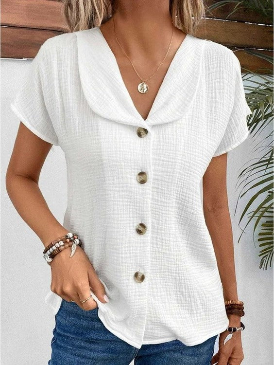 Chic Women's Blouse, Relaxed Fit Summer Top with Button-Down Design and Short Sleeves, Breathable Fabric-1