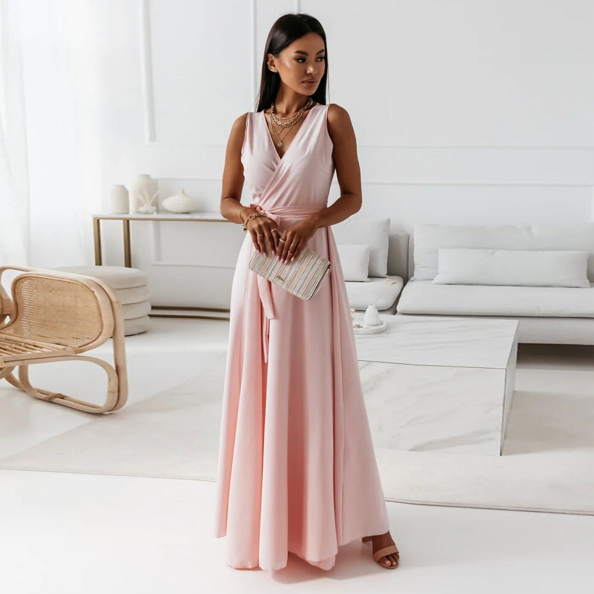 Elegant Women's Maxi Dress with V Neckline - Versatile Long Formal Dress for All Occasions-1
