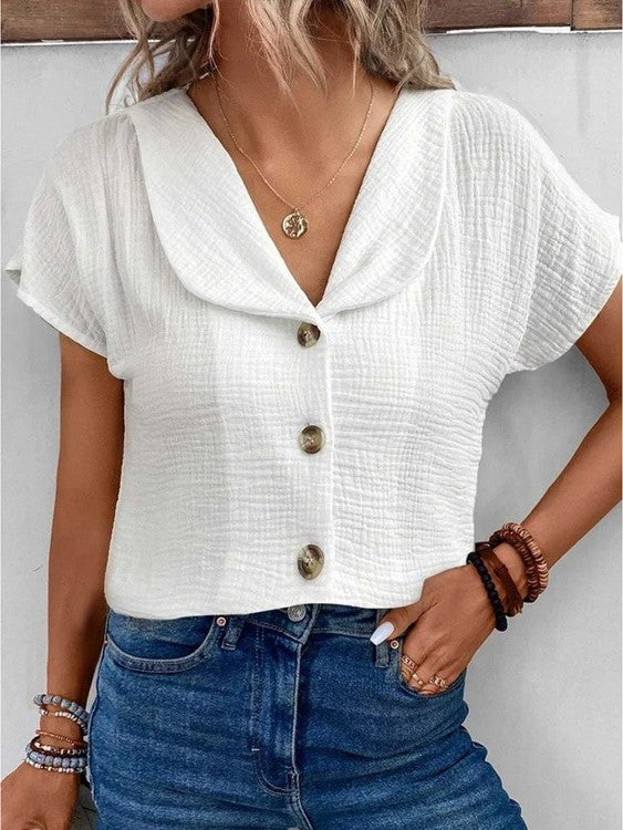 Chic Women's Blouse, Relaxed Fit Summer Top with Button-Down Design and Short Sleeves, Breathable Fabric-2
