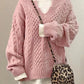 Women’s Oversized Cable Knit Sweater - V Neck, Knit Winter