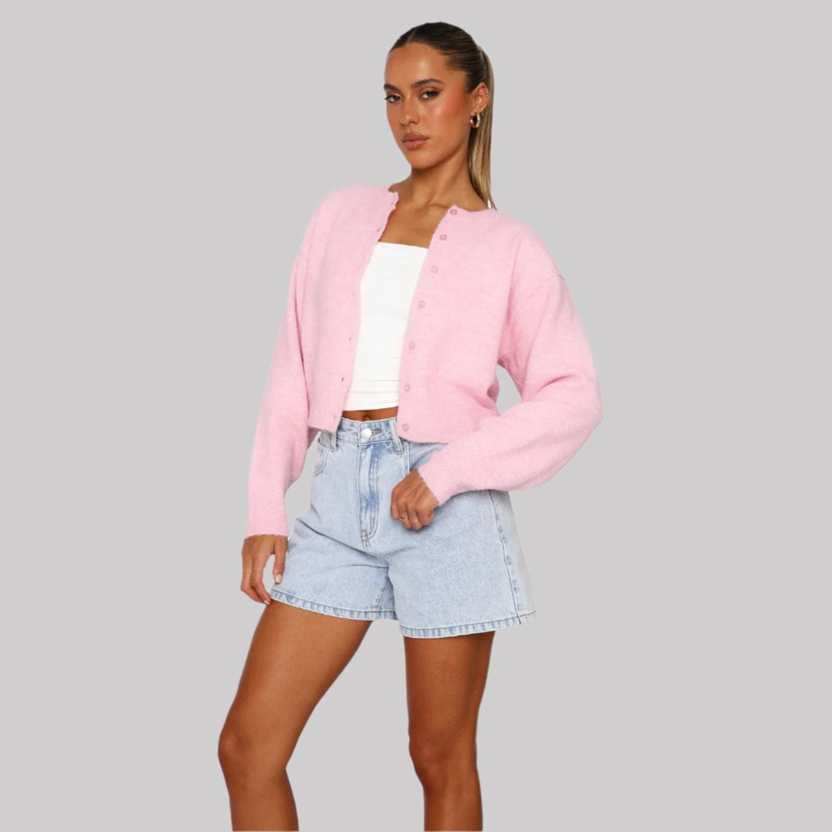 Plush Relaxed Women Cardigan - Cropped Boxy Knit For Regular