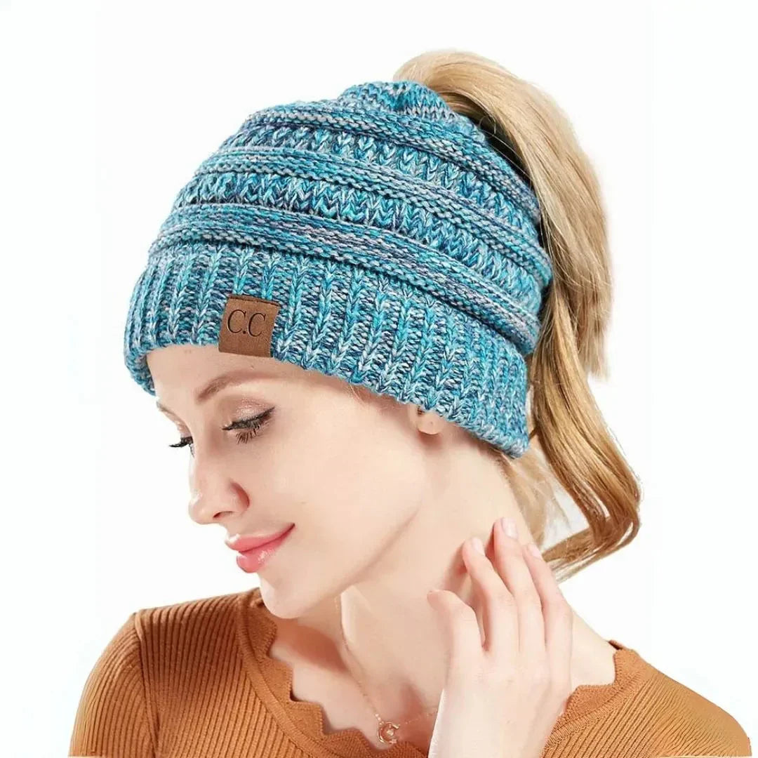 Cozy Warm Women's Ponytail Beanie - Ribbed Knit, Winter