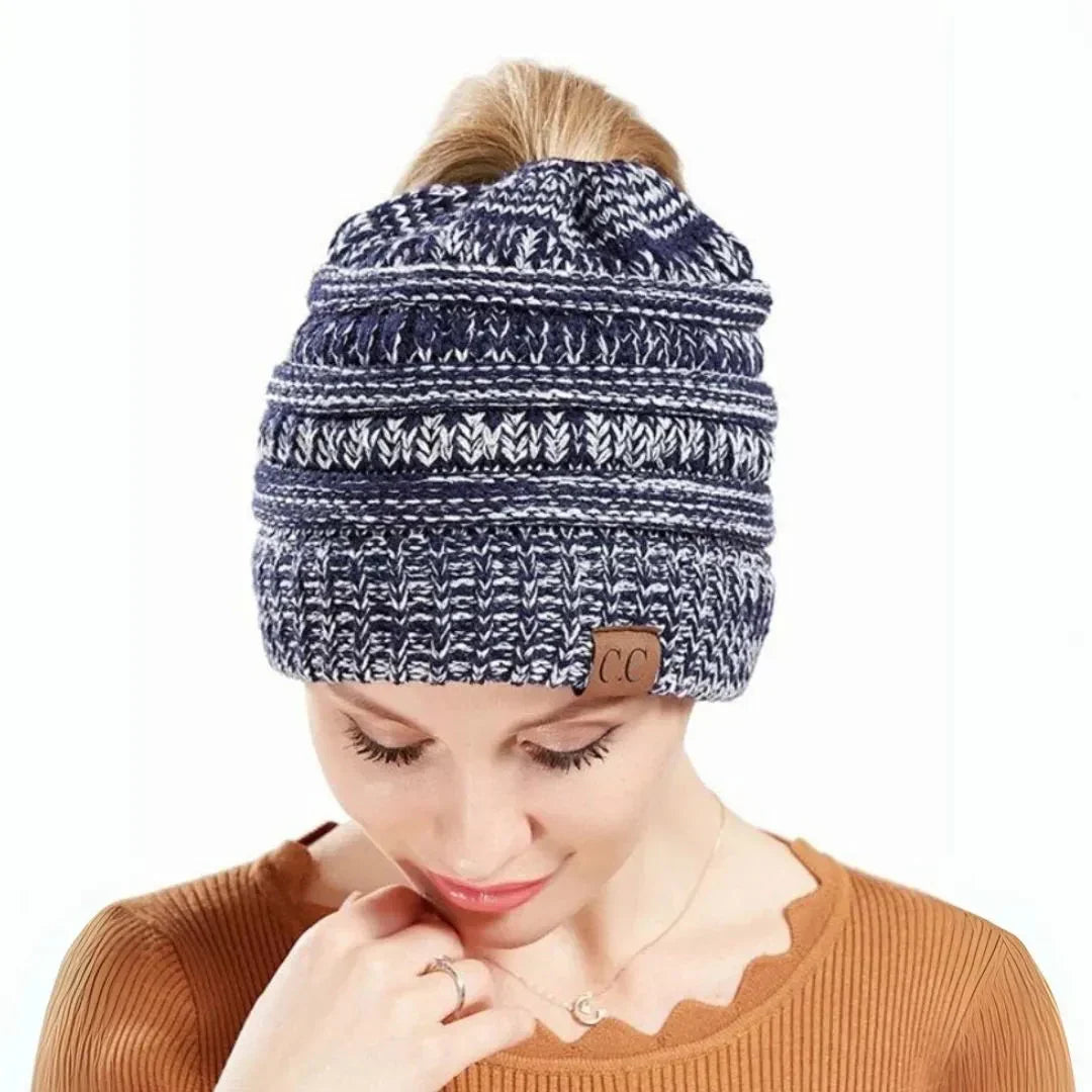 Cozy Warm Women's Ponytail Beanie - Ribbed Knit, Winter