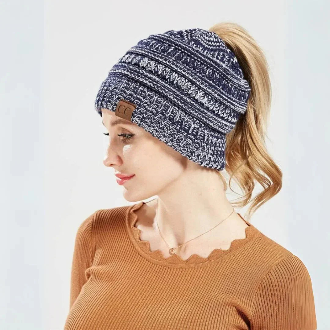 Cozy Warm Women's Ponytail Beanie - Ribbed Knit, Winter