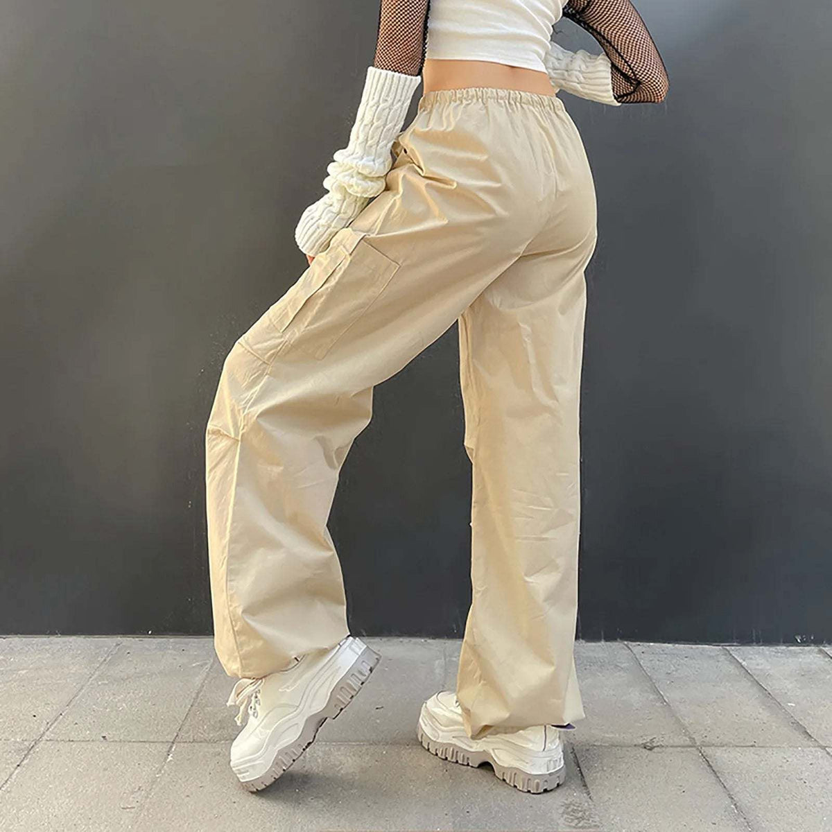 Beige Parachute Pants for Men with Adjustable Waist and Multiple Pockets, Lightweight Relaxed Fit-1