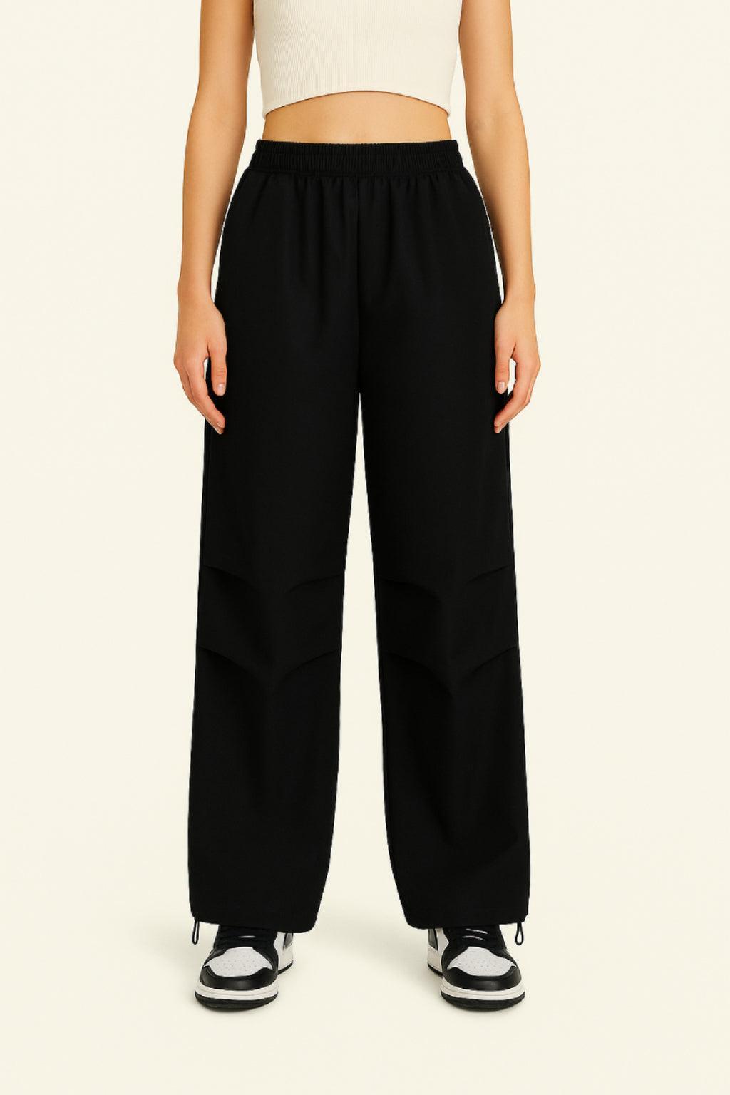 Black Parachute Pants with Adjustable Waist, Multiple Pockets, Lightweight Fabric for Casual and Urban Style-3