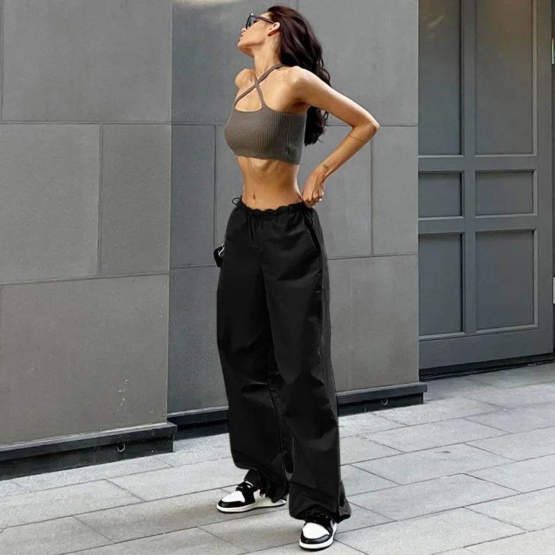 Black Parachute Pants with Adjustable Waist, Multiple Pockets, Lightweight Fabric for Casual and Urban Style-1