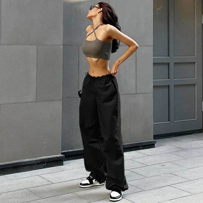 Variant image for Black Parachute Pants with Adjustable Waist, Multiple Pockets, Lightweight Fabric for Casual and Urban Style-1